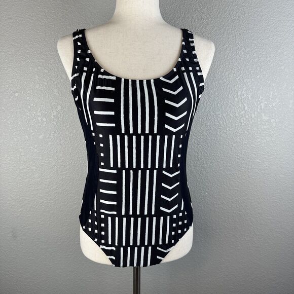Madewell x Giejo Scoop Neck One Piece Swimsuit Size Large Black White Low Back - Picture 1 of 7